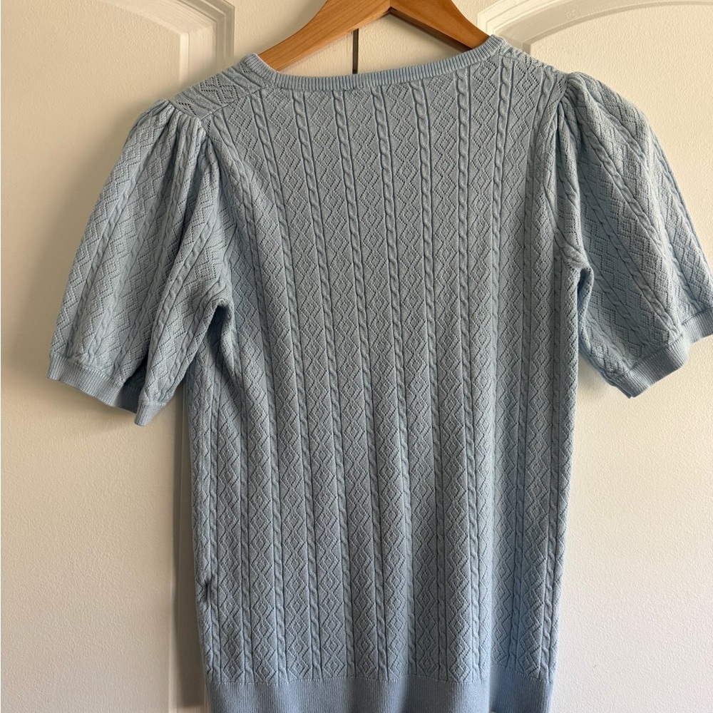 Adrianna Papell Light Blue Patterned Short Sleeve Thin Sweater Blouse - Picture 3 of 3